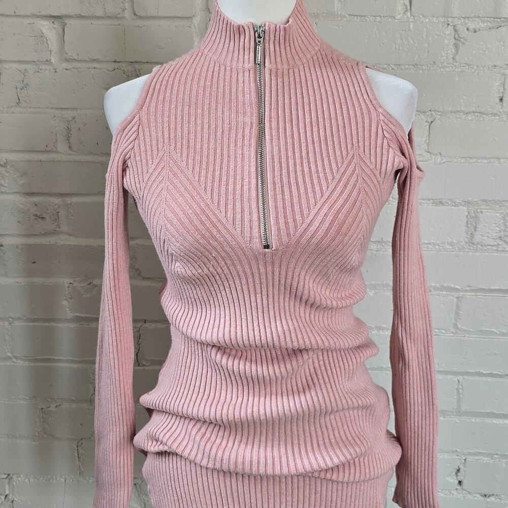 GUESS Light Pink Ribbed Sweater Mini Dress┃Cold Shoulder, Half Zip & Mock Neck